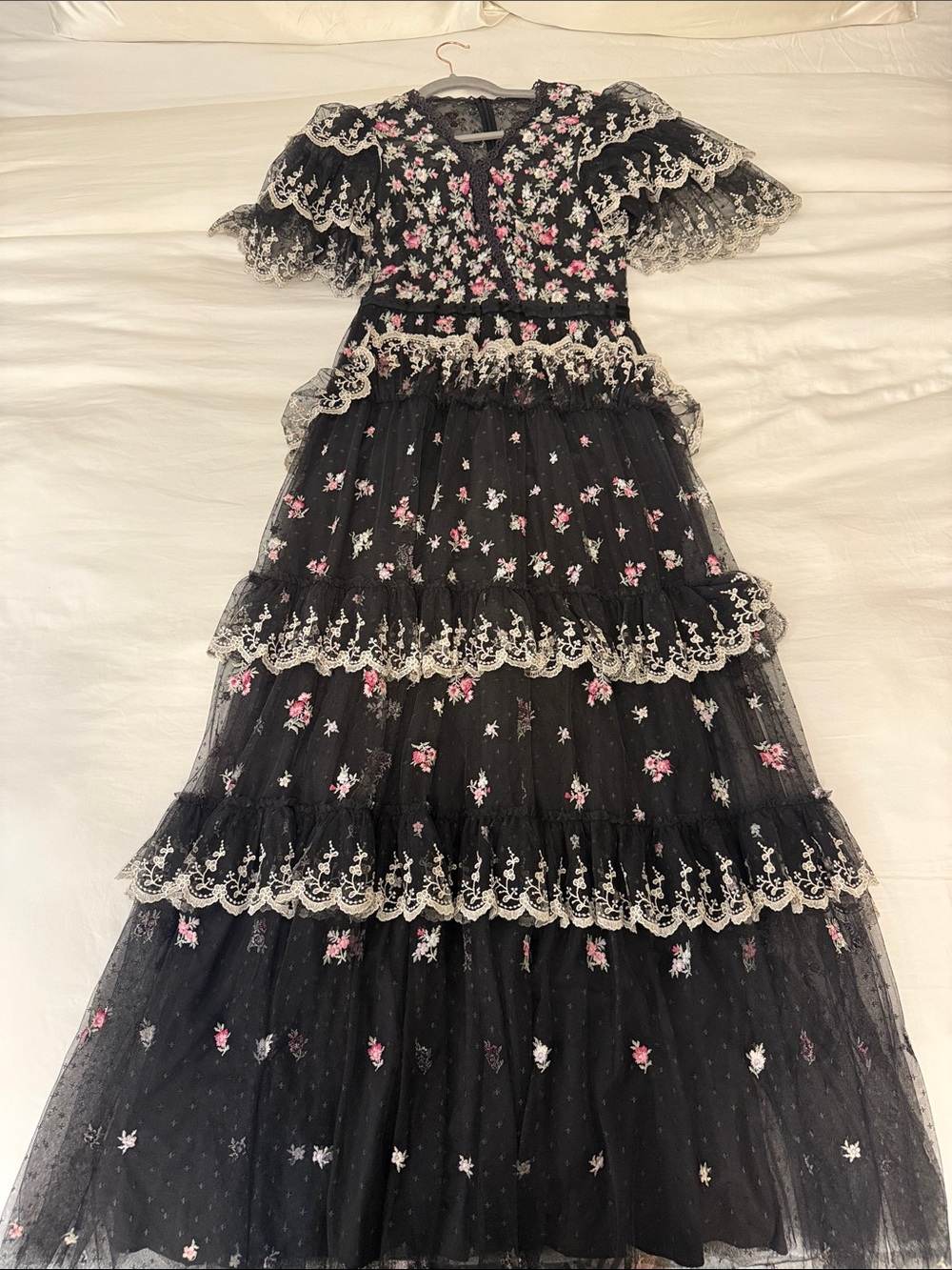 Needle & Thread Black Floral Lace Tiered Gown with Pink Accents